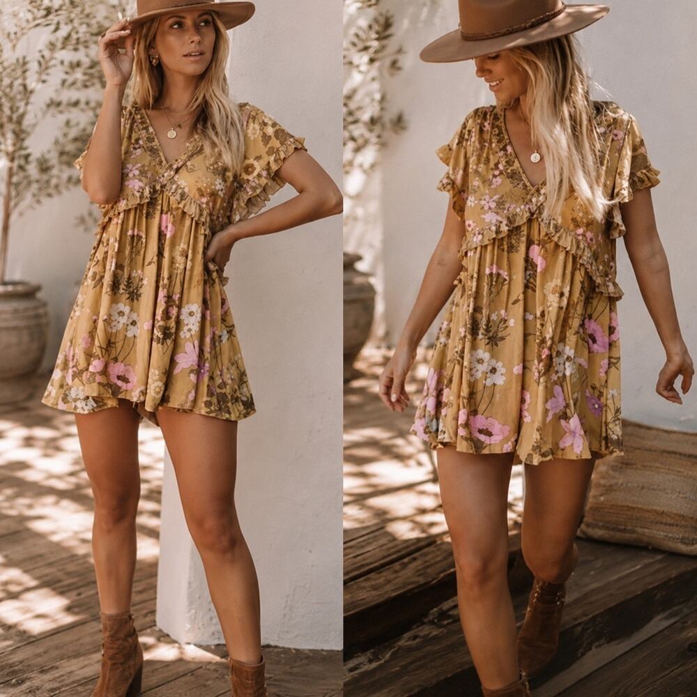 SPELL & The Gypsy Wild Bloom Romper Womens L Yellow Ruffles Boho Festival Summer